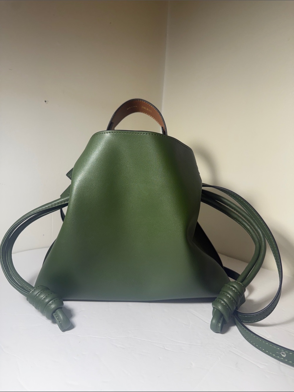 Olive Green Leather Shoulder Bag with Knotted Straps